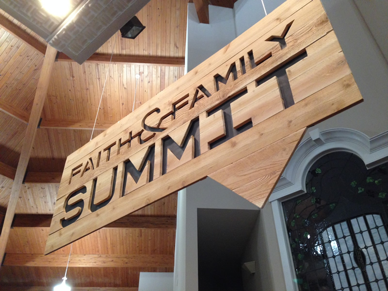 Custom cedar wood sign for the Faith & Family Summit - Grapevine Church of Christ